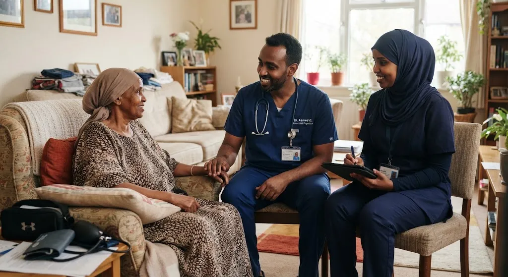 A Sahlan Home Care doctor talking with a smiling elderly woman in her living room while a nurse takes notes