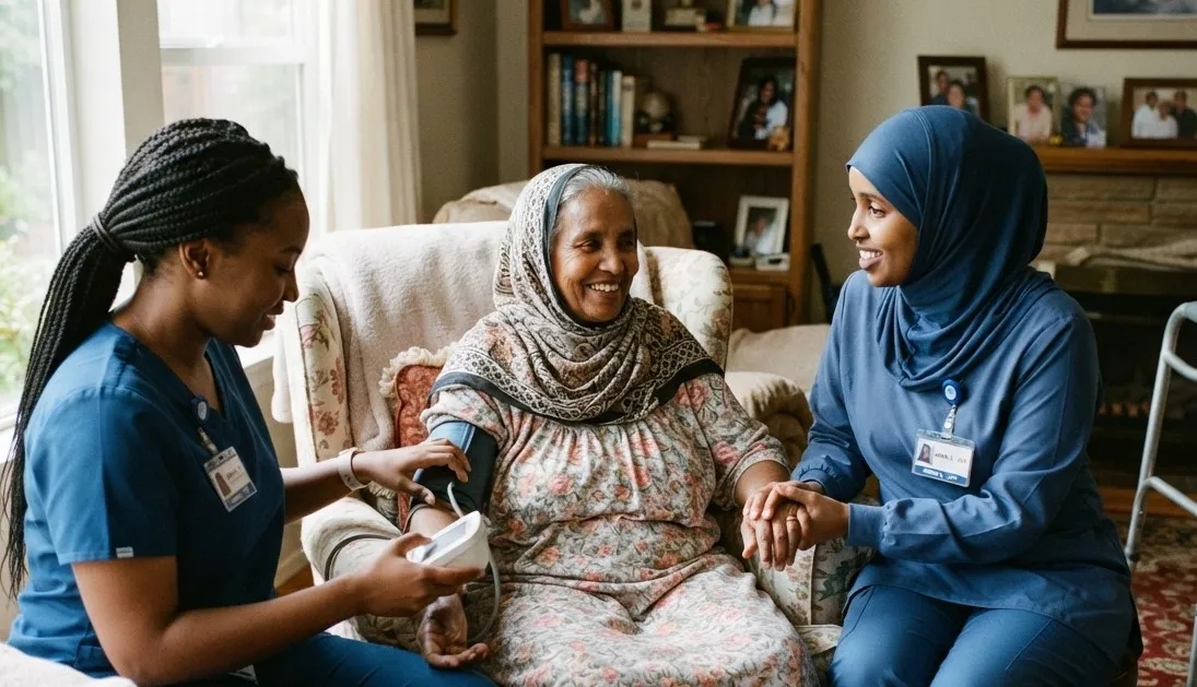 Two Sahlan Home Care nurses with a smiling elderly woman at home, one checking her blood pressure and one holding her hand