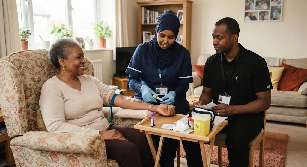 A Sahlan Home Care lab technician taking a blood sample from a smiling woman at home while a colleague prepares the paperwork