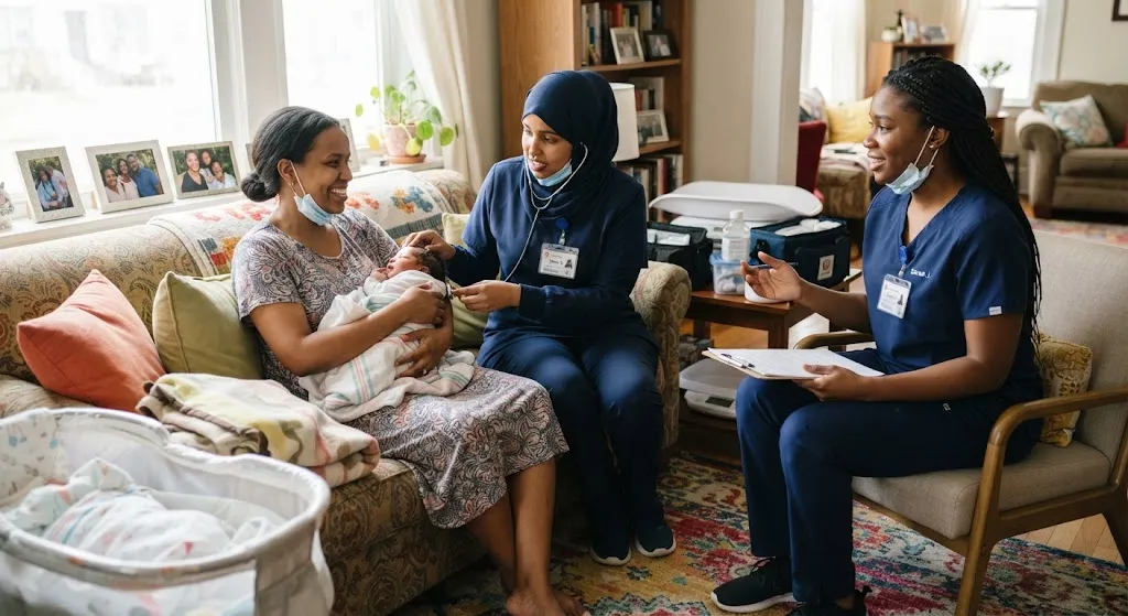 Two Sahlan Home Care nurses visiting a smiling new mother at home, one checking her newborn baby with a stethoscope