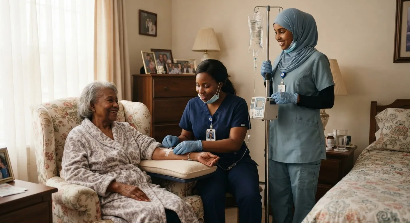 A Sahlan Home Care nurse giving IV medication to a smiling elderly woman in her bedroom, with a second nurse beside the drip stand