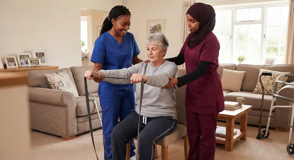 Two Sahlan Home Care therapists guiding an older woman through resistance-band exercises in her living room